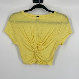 Windsor Lemonade Yellow Ribbed Short Sleeve Cropped Shirt Twist Front